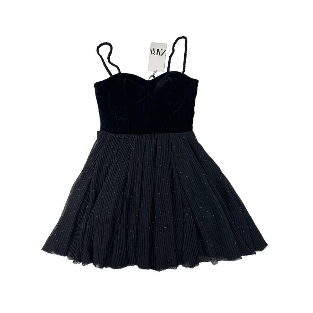 Zara - Velvet Corset Top Pleated Mini Dress in Black